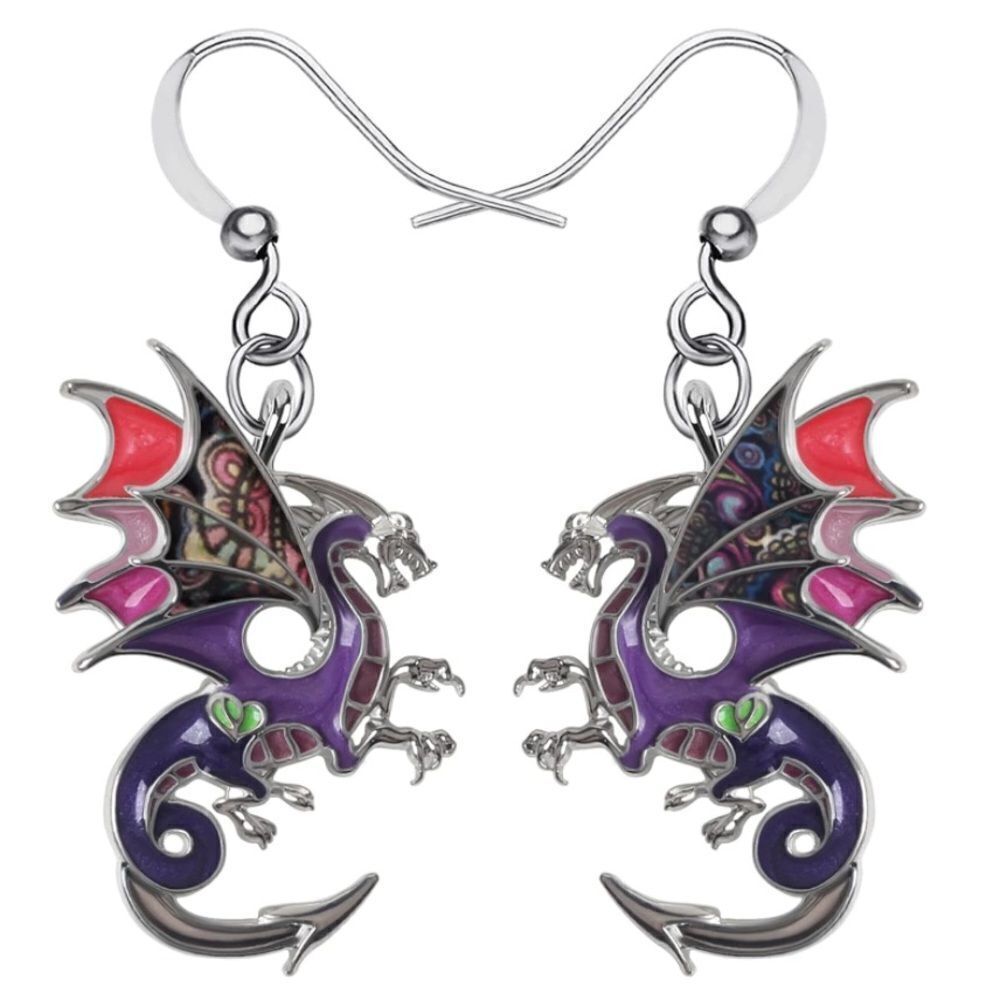 Silver and Multicolor Enamel Mythical Dragon Dangling French Wire Hook Earrings